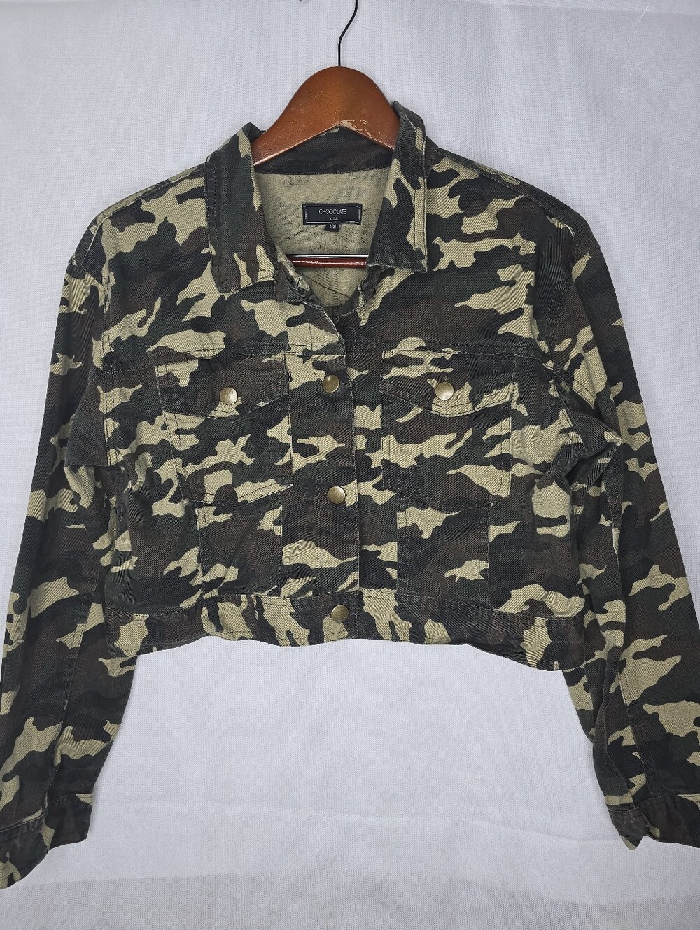 Chocolate USA Crop Jacket Green Camo Utility Military Button Front Cotton L